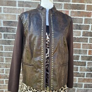 Brown Crocodile Embossed Faux Leather Jacket | TanJay Statement Coat